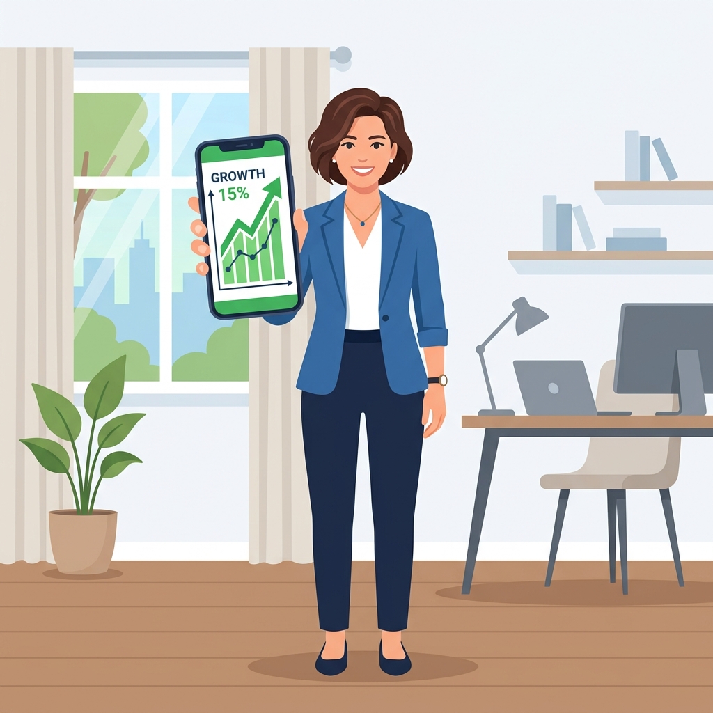 Confident business owner with growth app