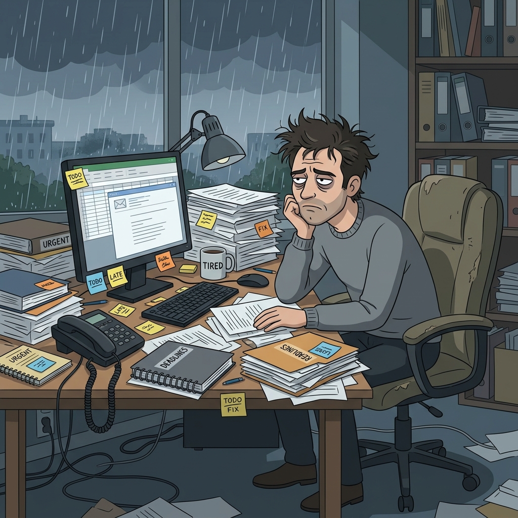 Frustrated business owner at messy desk